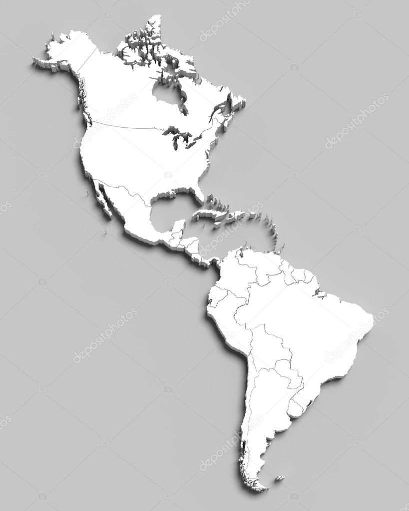 mapa 3D blanco del sur y los paÃ­ses de AmÃ©rica del norte en gris ...