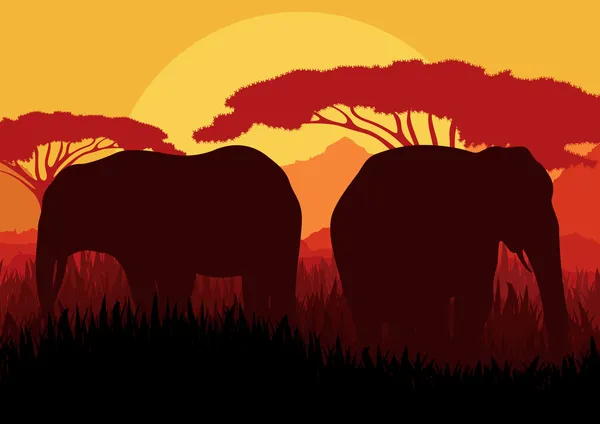 Elephant family silhouettes in wild nature mountain landscape background
