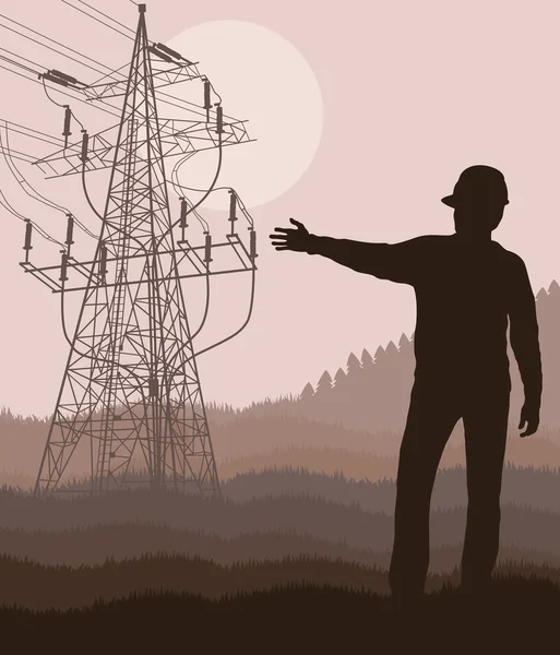 Power high voltage tower with engineer in front of it