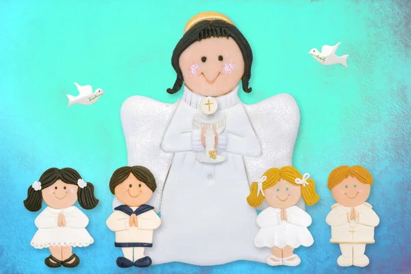 Cheerful first communion card, angel with children