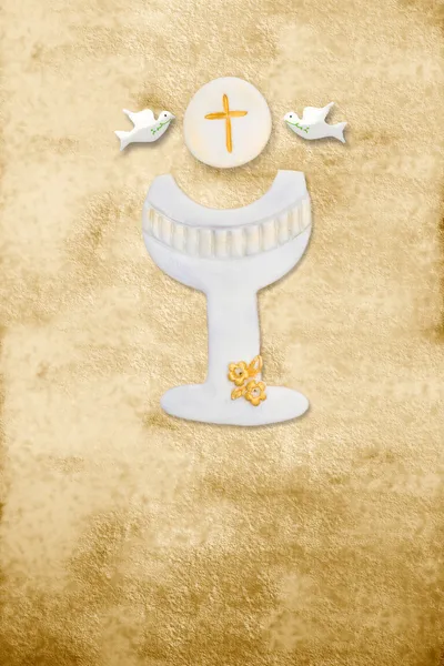 First communion card vertical parchment chalice