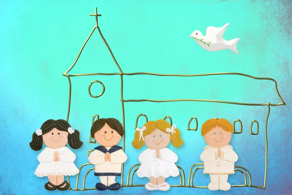 Child jolly card first communion, church and group of children