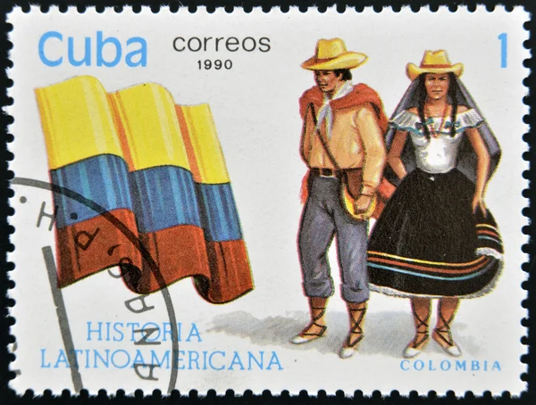 CUBA - CIRCA 1990: A stamp printed in Cuba dedicated to Latin American history, shows typical costume and flag of Colombia, circa 1990 — Stock Photo #10209099