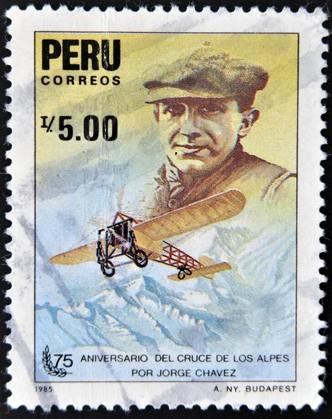 PERU - CIRCA 1985: A stamp printed in Peru dedicated to anniversary of the crossing of the Alps by Jorge Chavez, circa 1985