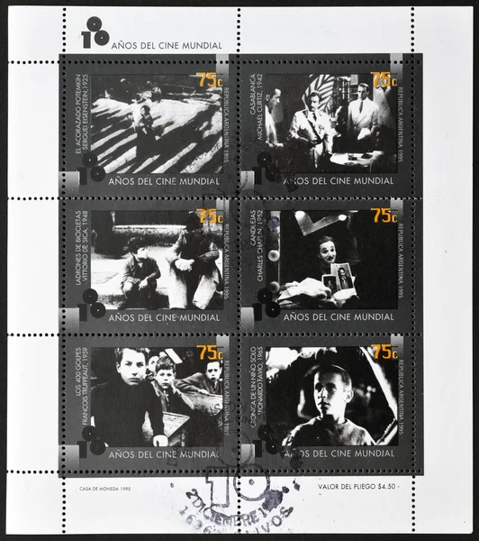 ARGENTINA - CIRCA 1995: A stamp printed in Argentina dedicated to 100 years of world cinema, shows images of films, circa 1995