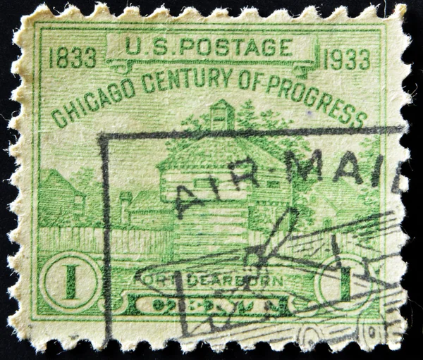 UNITED STATES OF AMERICA - CIRCA 1933: A stamp printed in USA shows Fort Dearborn Chicago Century of Progress, now Chicago, circa 1933