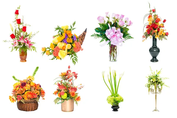 Collection of various colorful flower arrangements centerpieces as bouquets in vases and baskets