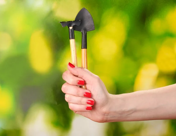 Garden tools in hand on green background