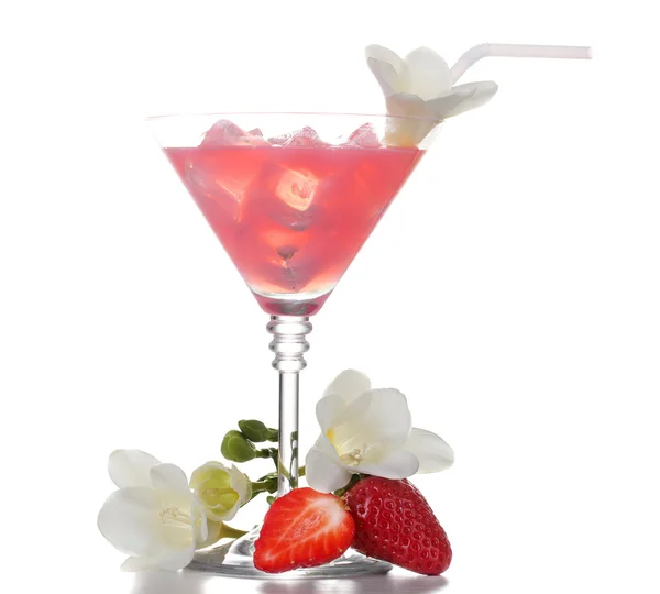 Martini glass of cocktail with ice and strawberry isolated on white