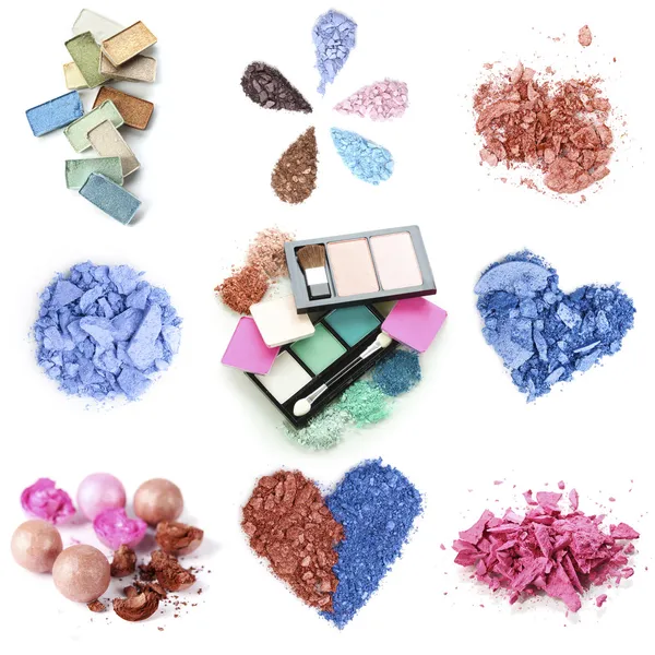 A collage of compositions of compact and crushed multicolor eyeshadow isolated on white