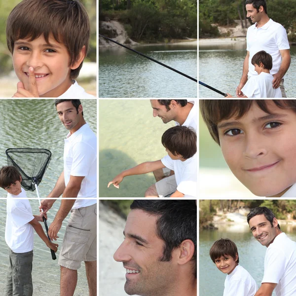 Collage of man with little boy fishing