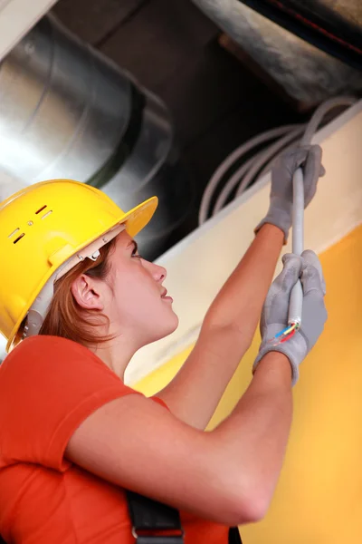 Female electrician pulling cables