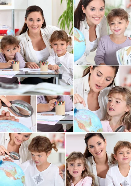 Baby-sitter and little girls doing homework  Stock Photo #8775929