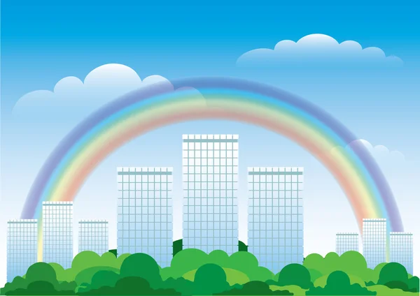 The urban landscape with a rainbow. Vector illustration.