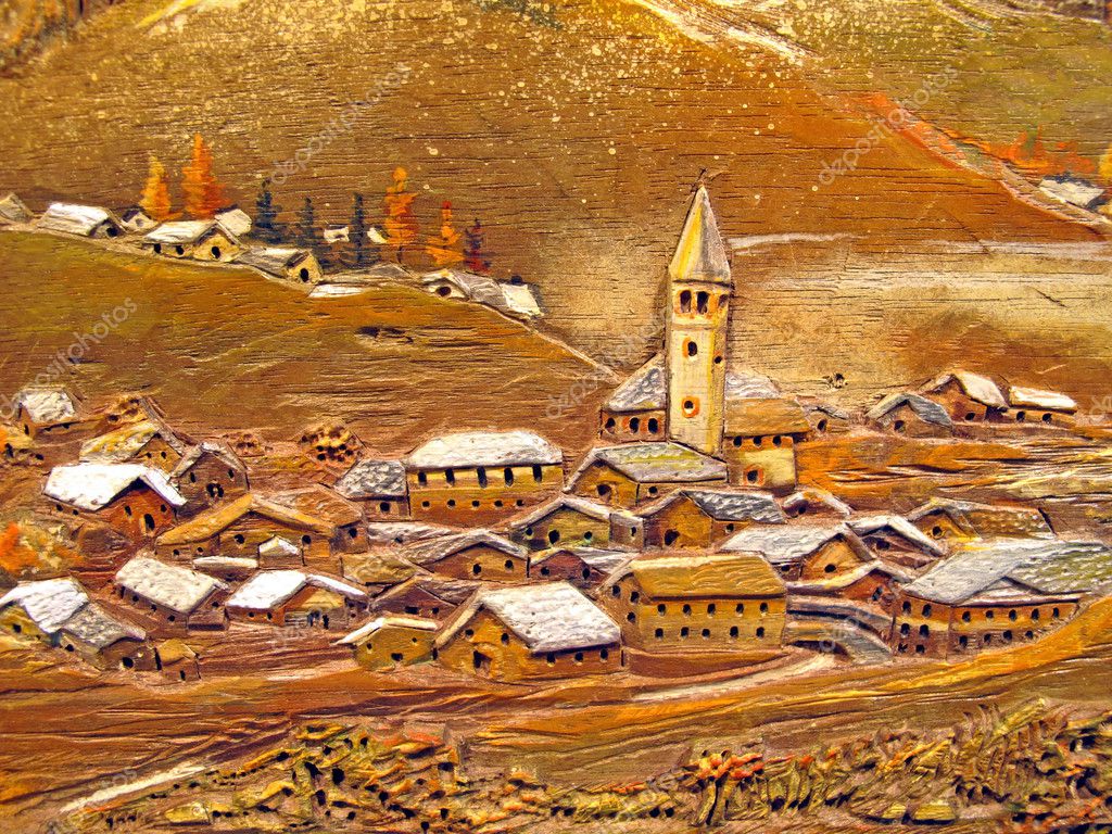 Paesaggio alpino scolpito su un pannello di legno — foto stock ...
