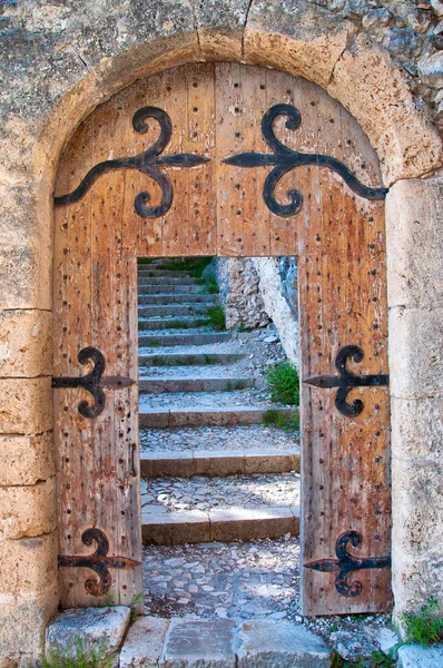 Old open wooden door with stairs