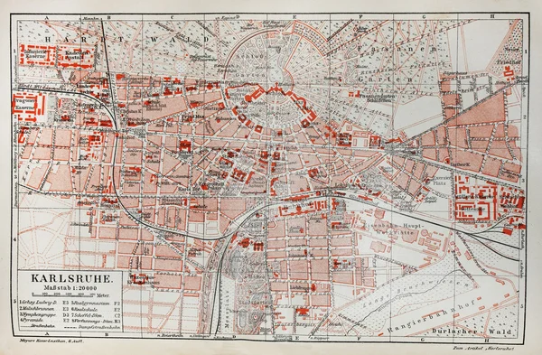 Vintage map of Karlsruhe at the end of 19th century