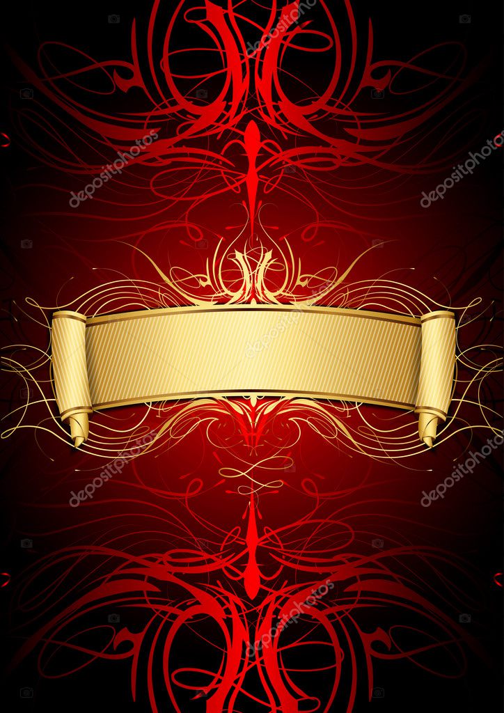 Vector illustration of gold scroll on red background — Stock Vector