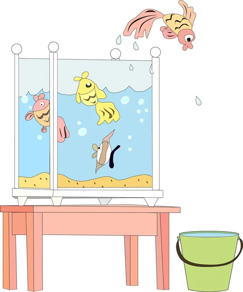 From the aquarium standing on the table jumped one of the four fish in a bucket
