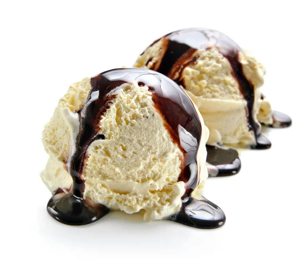 Ice cream scoops with chocolate sauce
