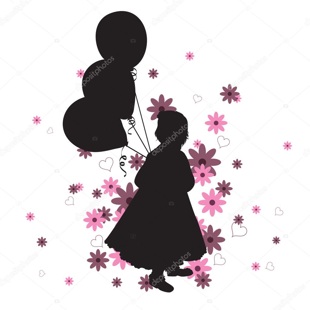 Silhouette of a Little Girl with Balloons. Vector Illustration Against White Background. Silhouette of a Little Girl with Balloons. Vector Illustration Against White Background.