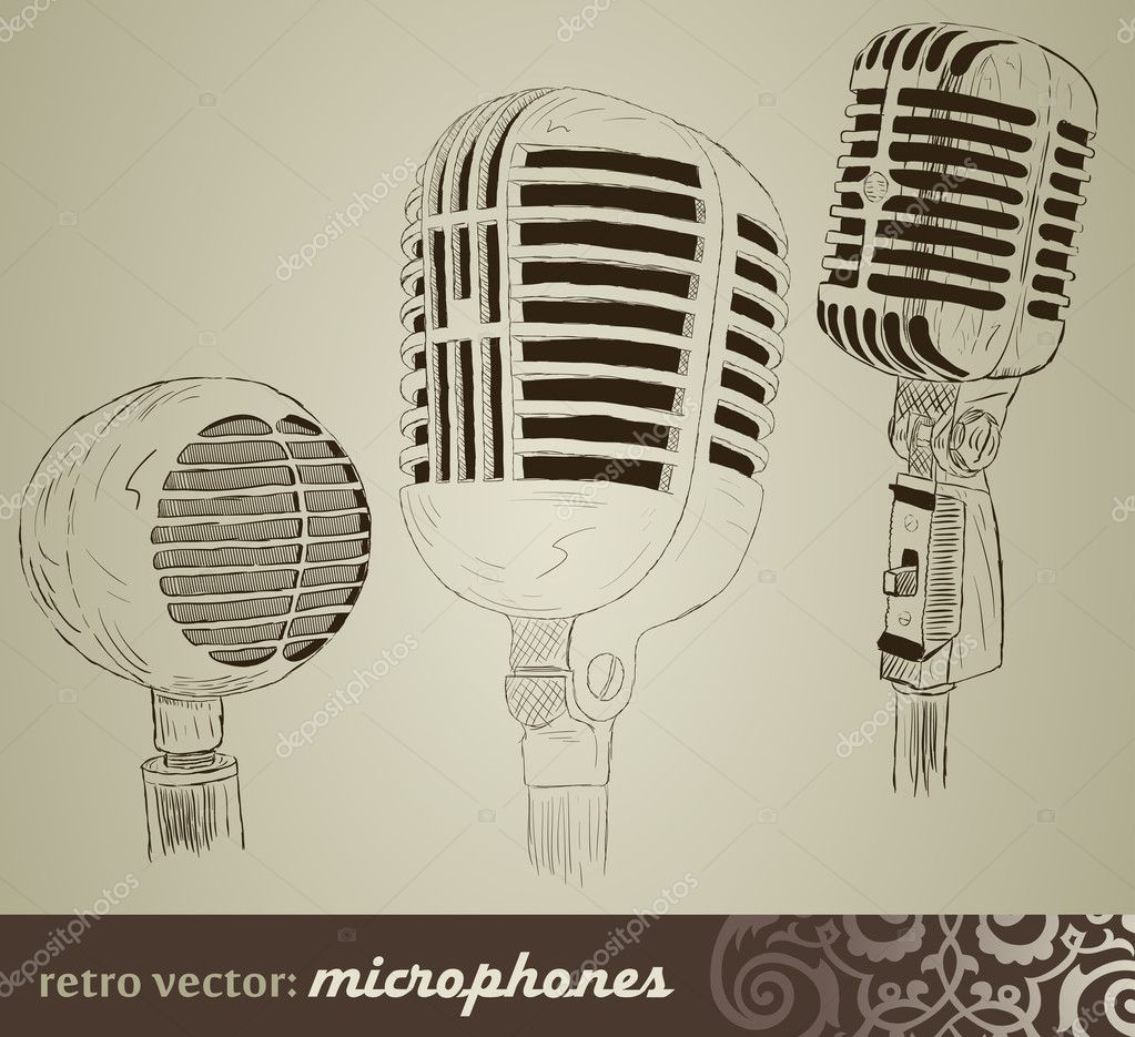 Retro Set Microphones In Doodle Style Stock Vector Image By