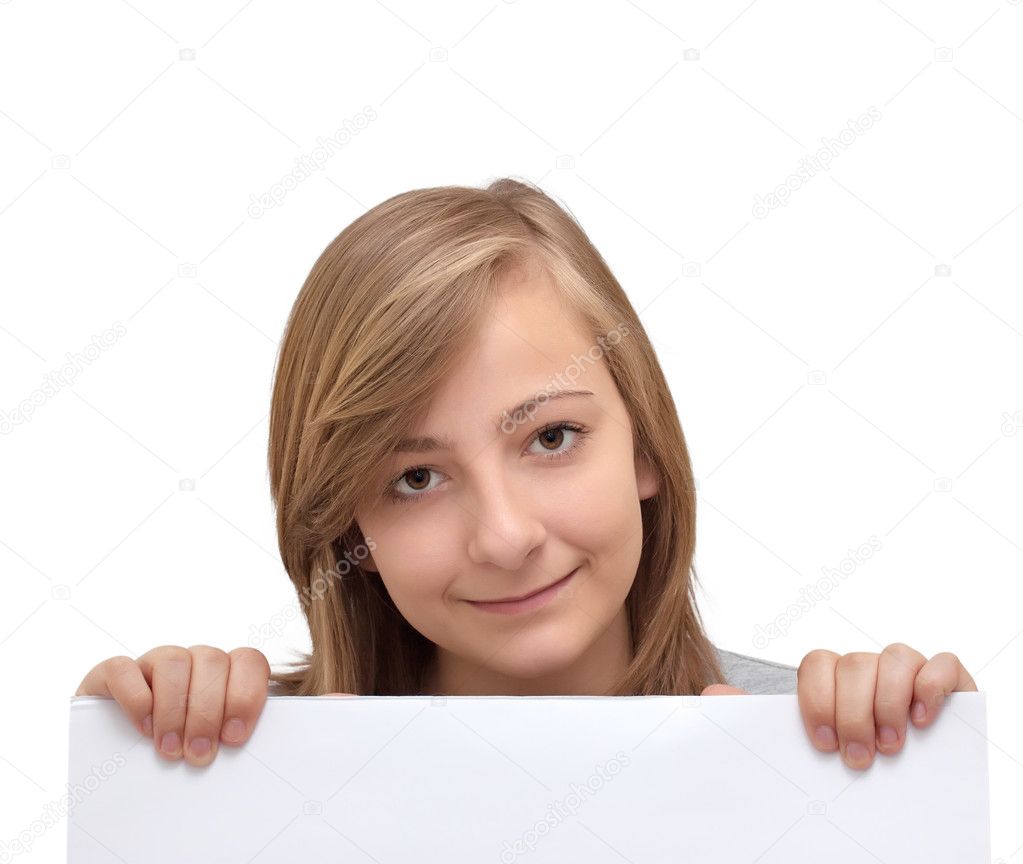 Metin için bir poster tutan güzel bir kız portresi — Fotoğraf sahibi g215 - depositphotos_8134171-Portrait-of-a-beautiful-girl-holding-a-poster-for-text