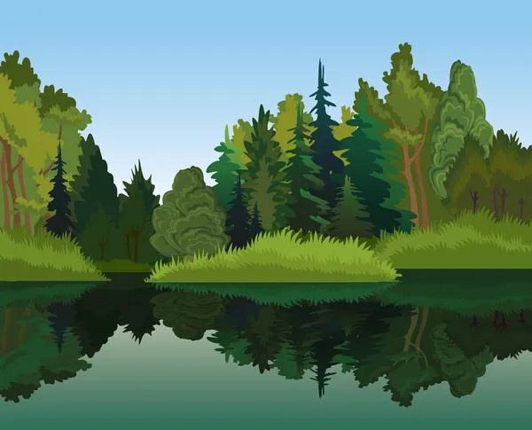 Landscape with green trees and blue lake
