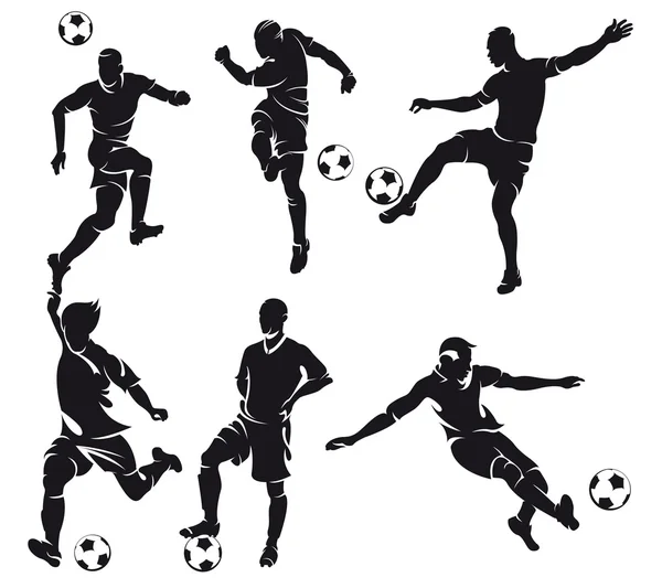 Set of six vector football (soccer) players silhouette with ball