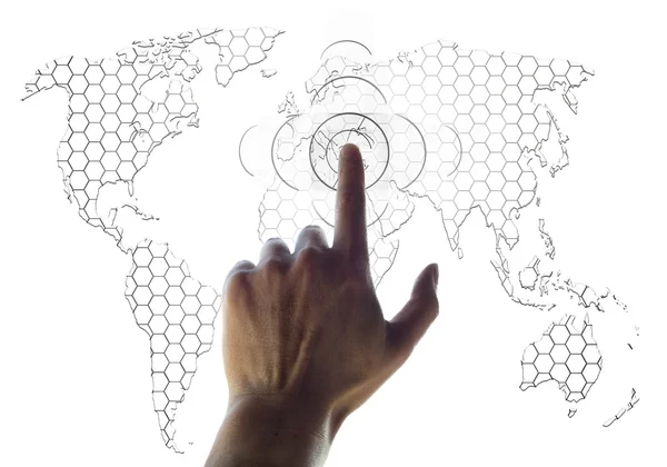 Hand and world map digital searching concept