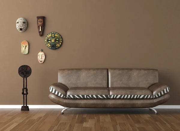 Brown wall with tribal masks and couch