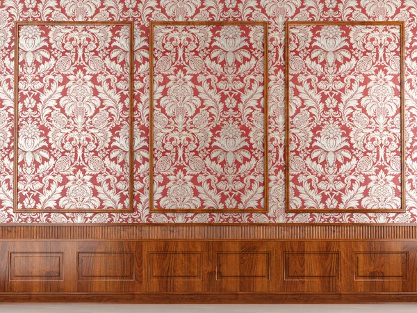 Red wallpaper and wood molding