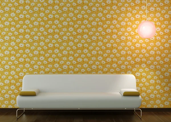 Interior design of white couch on flowery wallpaper
