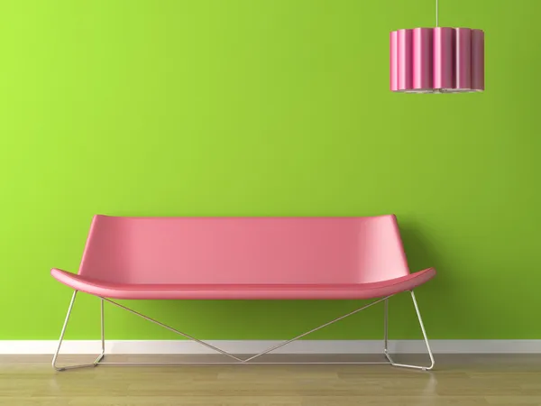 Interior design green wall fuxia couch and lamp