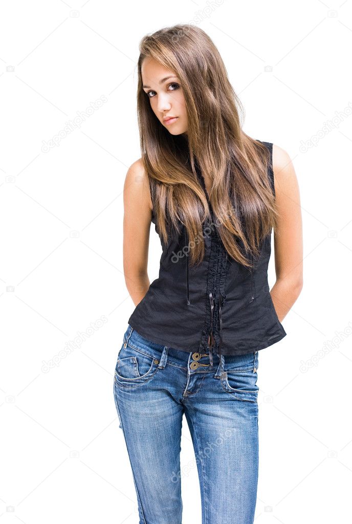 Gorgeous Young Brunette Girl Posing In Jeans — Stock Photo © Envivo