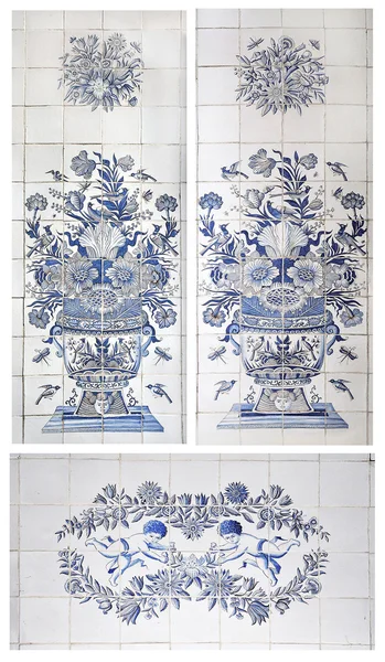 Original tiles with flower vase, bunch of flowers, insects and birds