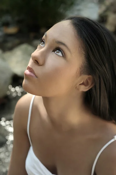 Close up of young model looking up