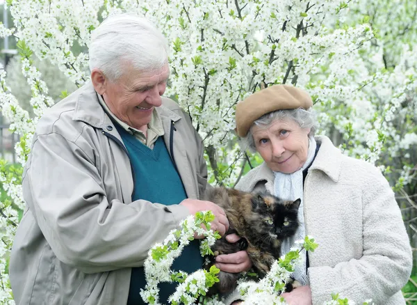Happy old couple against a background of flowering garden with p