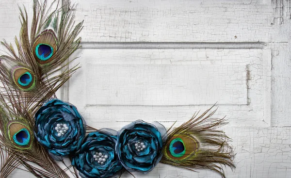 Peacock feathers and flowers on vintage door