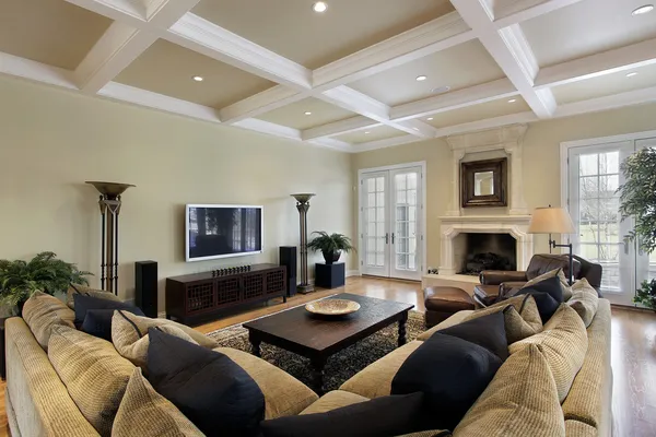 Family room with ceiling beams
