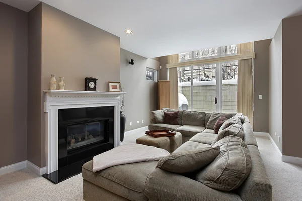 Family room with black fireplace