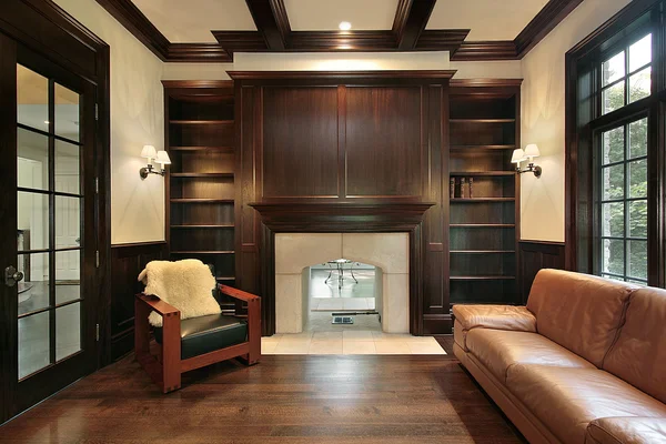 Library with marble fireplace