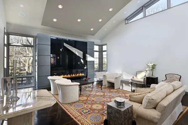 Living room with glass fireplace