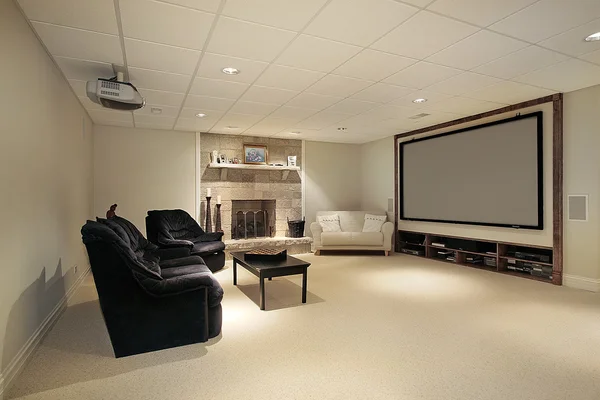 Basement with stone fireplace and large screen TV