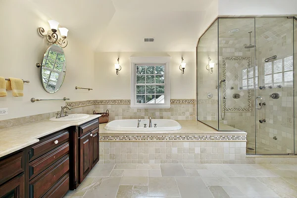 Master bath with large glass shower