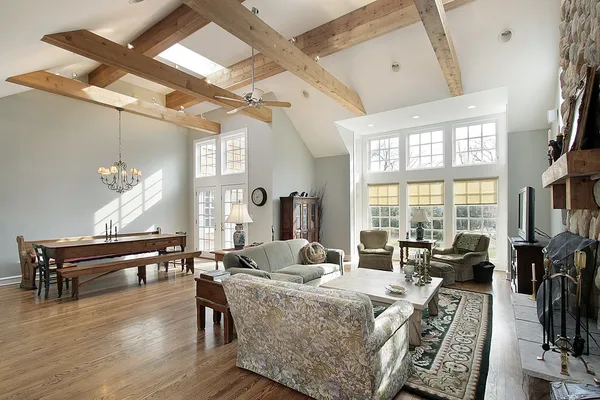 Family room with ceiling beams