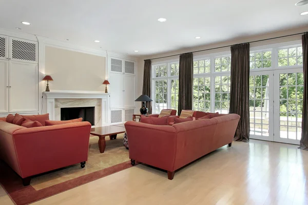 Family room with wall of windows