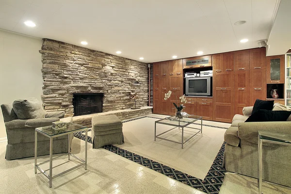 Lower level with stone fireplace
