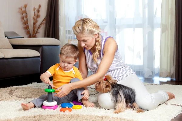Mother, child boy and pet dog playing together indoor