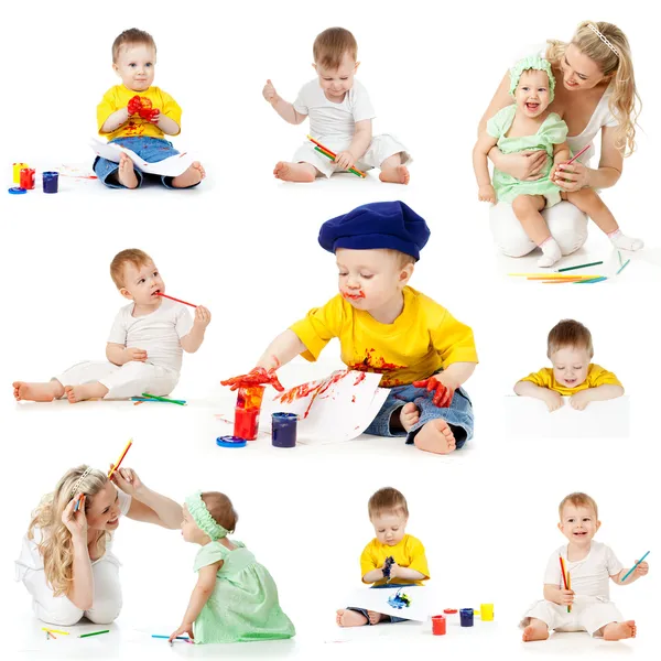 Children painting and drawing pencils isolated on white backgrou